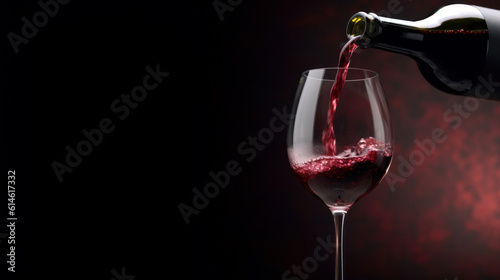 Pouring red wine into the glass against dark background. Pour alcohol, winery concept.
