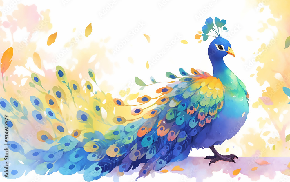 Fototapeta premium Abstract cartoon cute peacock illustration on white background. Generative AI technology.