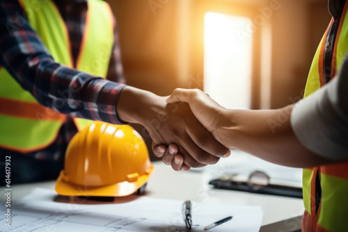 Foreman or Civil engineer handshake making modern construction. industry professional team and engineer concept