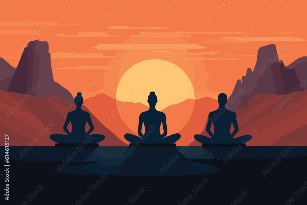 group of people doing yoga in sunrise illustration, international yoga day, yoga day banner, yoga day background