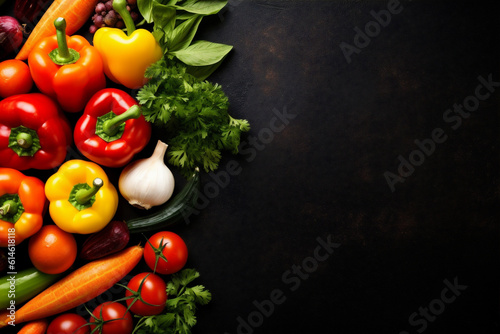 vegan vegetable table healthy food cooking dark fresh ingredient background vegetarian. Generative AI.