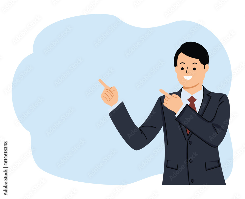 businessman pointing upper left corner advertisement showing copy space businessman pointing upper left corner advertisement showing copy space