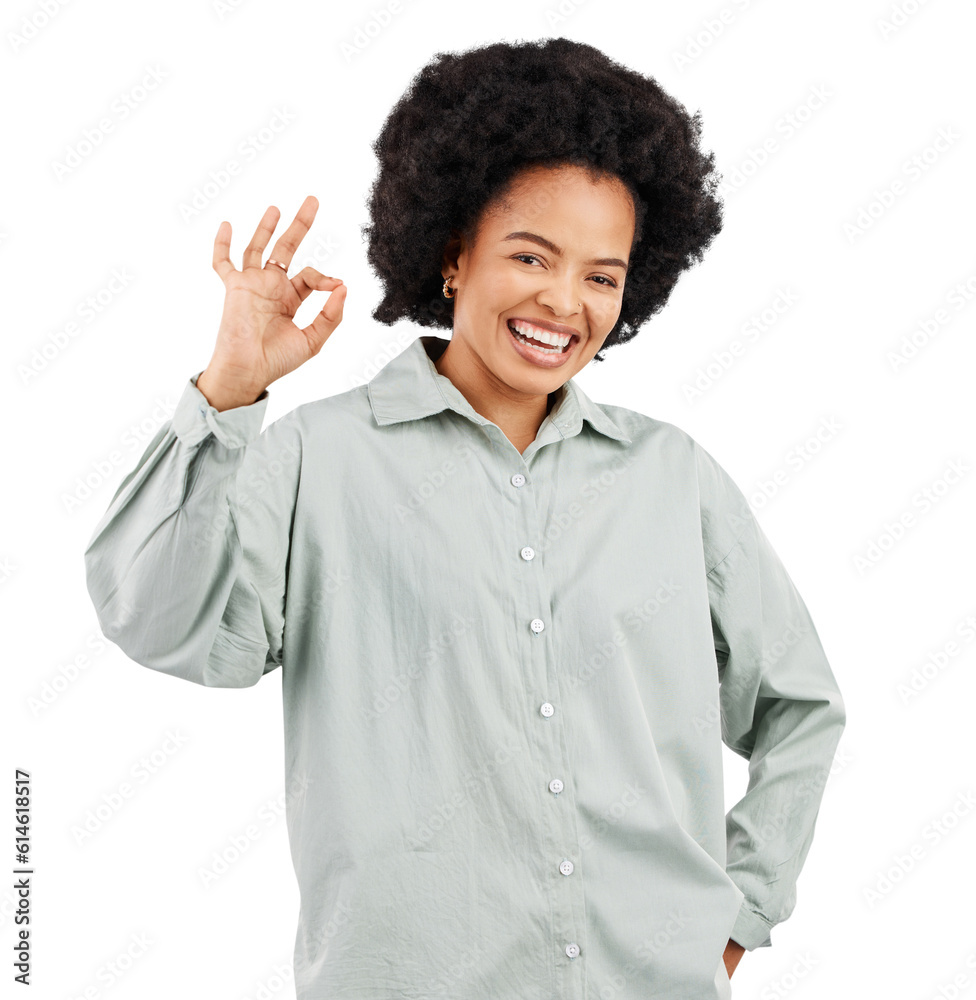 Approval, okay sign and portrait of black woman with smile on isolated, PNG and transparent background. Success, winner and happy female person with ok hand emoji for agreement, thank you and perfect Approval, okay sign and portrait of black woman with smile on isolated, PNG and transparent background. Success, winner and happy female person with ok hand emoji for agreement, thank you and perfect