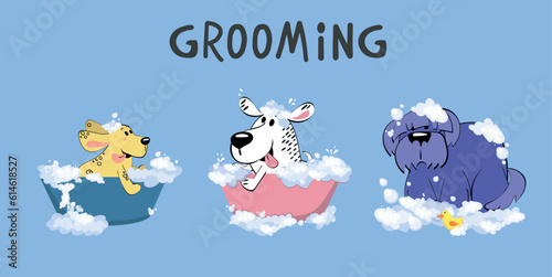 The Cute dog in a bubbles bath in a flat style. Grooming. Pet care illustration for content, label, banner, graphic and greeting card