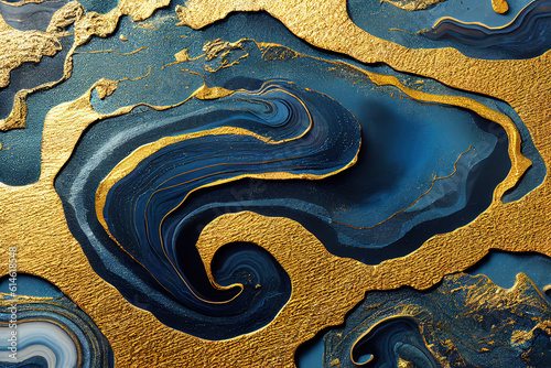 Blue and golden acrylic liquid ink swirl abstract background with ravishing turbulence wavy pattern and detailed texture. Luxury fluid liquid art by Generative AI.