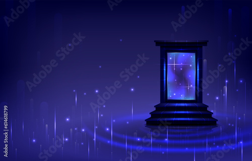 Portal to another universe with lightning. Teleport podium. Sci-fi magic gate in game fantasy. Podium for showing and display. Landing page. Web design interface Empty space.