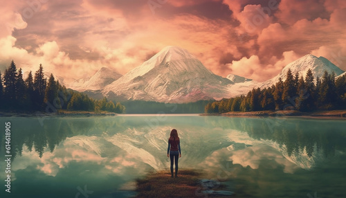 Sunset or sunrise over lake and young woman Generative AI illustration
