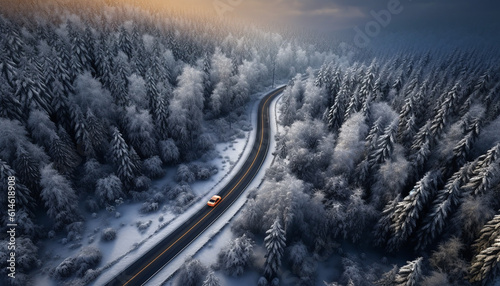 Snow covered trees and road, winter and car, Generative AI illustration 