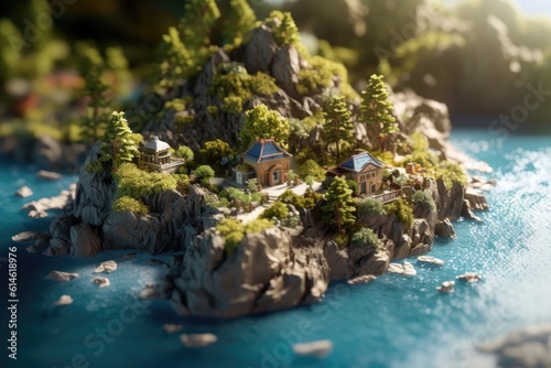 a miniature island with rocky cliffs Generative Ai 