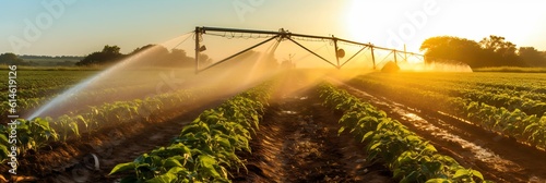 rain gun sprinkler in the dry season, irrigation system on agricultural soybean field, generative ai