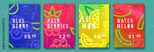 Abstract fruit posters. Organic products price labels. Blueberry and raspberry. Grocery flyers. Lemon and watermelon. Geometry patterns. Summer citrus. Vector exact banners design set