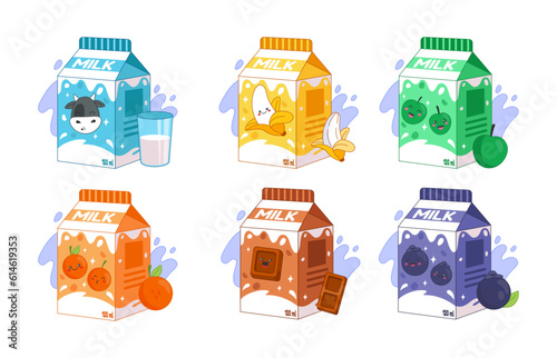 Kawaii milk drink. Cute chocolate box with straw. Face characters. Fruit stickers of beverage container. Breakfast dairy. Cardboard bottles. Yogurt products set. Vector cartoon clipart
