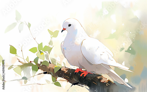 Abstract cartoon cute white dove on a branch illustration. Generative AI technology.