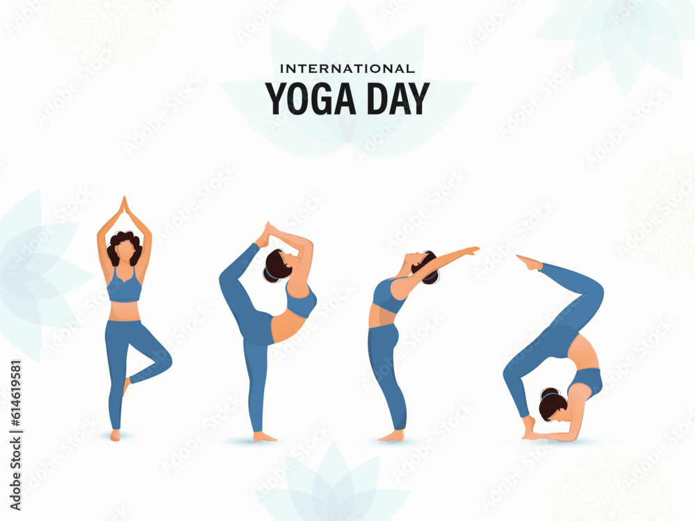 Character of Four Young Women in Different Yoga Pose for International Yoga Day Celebration 