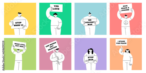 Protesting people. Cute characters holding placards with peace lettering. Students with banners. Portraits of activists. Anti-war movement. Bright cards set. Vector doodle illustrations