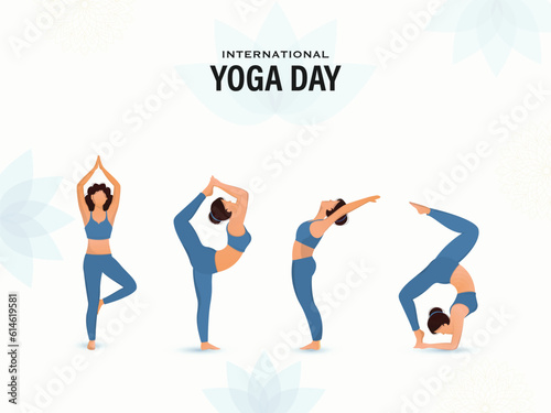Character of Four Young Women in Different Yoga Pose for International Yoga Day Celebration "21st June" Poster Design.