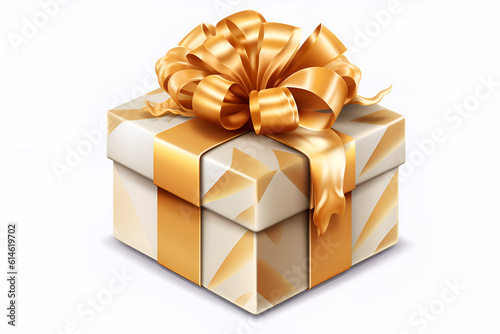 golden gift box with ribbon white back ground 