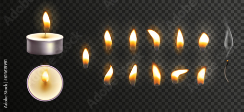 Realistic candle. White wax candlelight with flame and smog. Burning fire shapes. Romantic dating. Extinguishing candlestick. Aroma smoke. Dark grief. Vector exact isolated 3D elements set