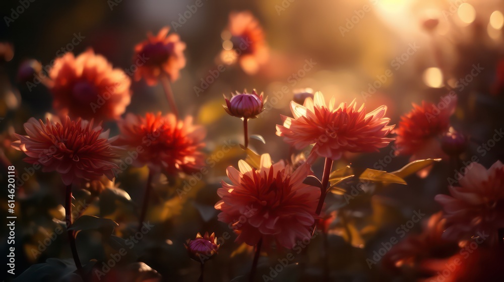 Beautiful flowers nature in sunlight wallpaper background. Gorgeous flowers in sunlight warm tone color. Generative AI.