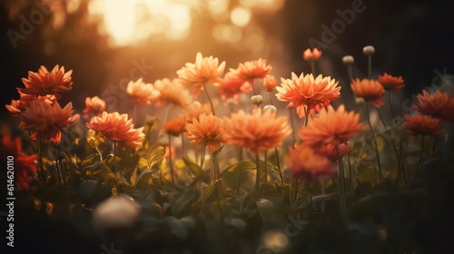 Beautiful flowers nature in sunlight wallpaper background. Gorgeous flowers in sunlight warm tone color. Generative AI. © SaraY Studio 