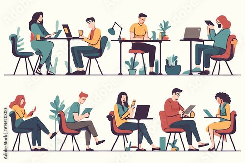 Business men, and women work online, surfing the internet with desktop computers, laptops, mobile phones, tablets PC. People using gadgets set different seats isolated on white vector art illustration
