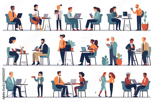 Business men, and women work online, surfing the internet with desktop computers, laptops, mobile phones, tablets PC. People using gadgets set different seats isolated on white vector generative ai