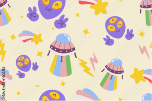 Fototapeta Naklejka Na Ścianę i Meble -  Kawaii Outer Space Seamless Pattern Background. Cute Cosmic Perfect Kids Apparel Doodle Cartoon for Galaxy Exploration Universe Trendy Wrapping Textile Collage Graphic Print Vector Illustration