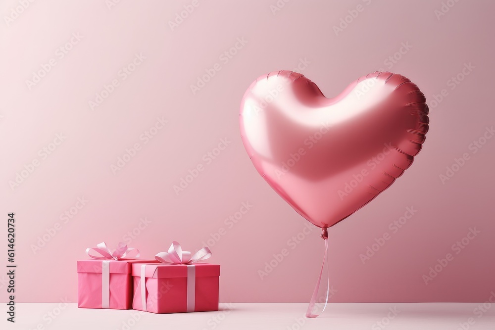 Romantic pink room background with balloons hearts and gift box. Valentine's Day or Mother's Day and birthday wedding greetings.