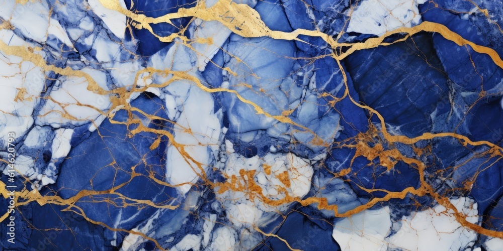 Sapphire blue marble stone with gold vein. Vivid graphite texture geode wallpaper background.