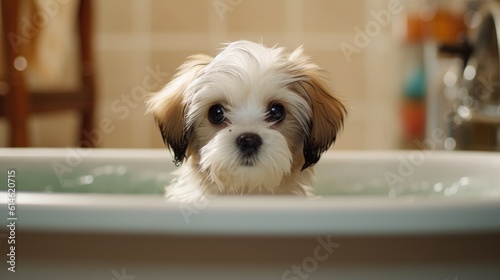 Adorable puppy in a bath. Sudsy dog in a tub. Cute Maltese Shi-tzu.