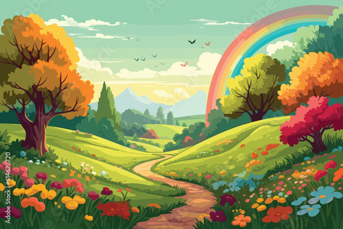 Spring landscape of forest with trees grass nature valley park with meadow and flowers field in spring with rainbow cartoon vector art illustration background generative ai