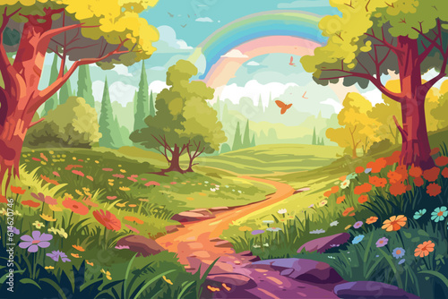 Spring landscape of forest with trees grass nature valley park with meadow and flowers field in spring with rainbow cartoon vector art illustration background generative ai