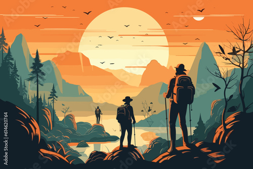 The concept of travel hiking outdoor activities and adventure concept vector art illustration background