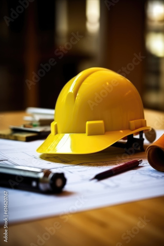 Yellow hard safety helmet hat and the blueprint, pen, ruler, protractor, and tape measure on the table at the construction site.for safety project of workman as engineer or worker