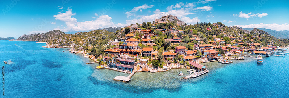 Aerial view of Simena castle and fishing and tourist village Kaleucagiz. Tourist and travel destinations in Turkey
