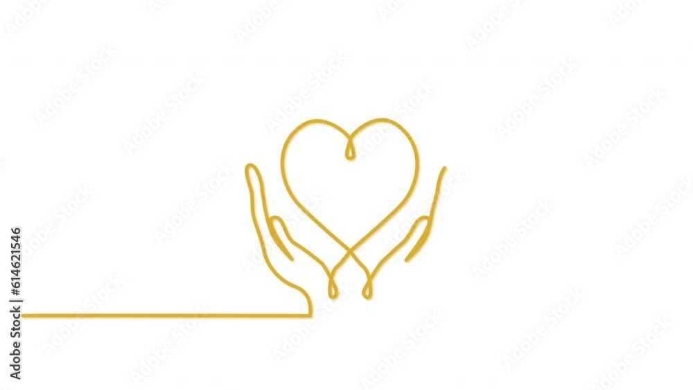 Human hands and heart self drawing animation. Charity and love concept. White background. Yellow golden line color. Human hands and heart self drawing animation. Charity and love concept. White background. Yellow golden line color.