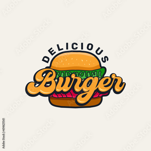 Delicious Burger Logo with Retro Text Style Vector Illustration