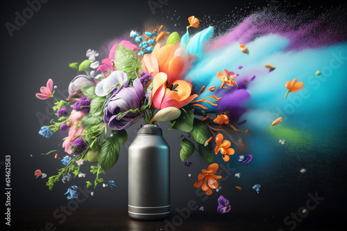 Floral air freshener. Aeir freshener spraying flowers. Generative AI. photo