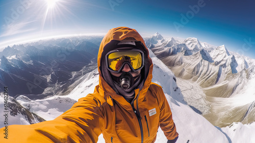 hiker at the top of a pass making selfie against snow capped mountains in Alps