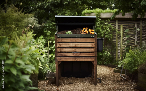 Compost bin with food scraps and grass cuttings in summer garden. Generative AI