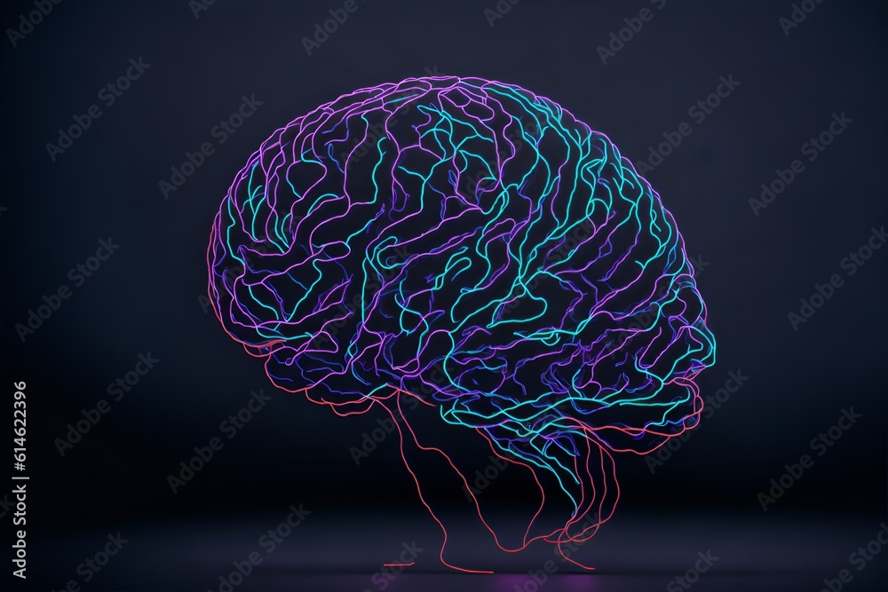 Photo of a glowing neon brain in a dark background Photo of a glowing neon brain in a dark background