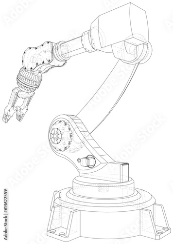 Robot arm, industrial machinery. Technical illustration wire-frame