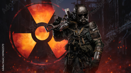 Post-apocalyptic soldier, protected by a unique suit, stands against a backdrop of a nuclear safety sign. He carries a conceptual rifle, a symbol of survival in a radioactive wasteland