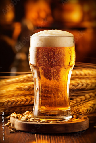 beverage pub foam beer drink glass alcohol lager pint gold. Generative AI.
