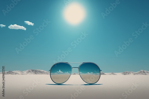 Sunglasses on the beach. Sunglasses with the sea and sky reflection. Blurry background. Vision concept. Generative AI