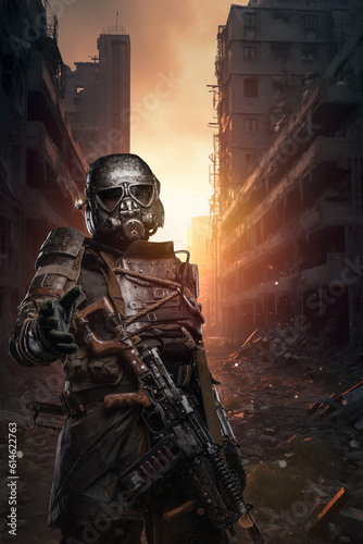 Post-apocalyptic world, a soldier wearing unique anti-nuclear armor stands with a conceptual rifle amidst the ruins of a city destroyed by nuclear war