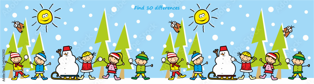 Find ten differences, little kids with sledge and snowman, leisure activity, vector illustration Find ten differences, little kids with sledge and snowman, leisure activity, vector illustration
