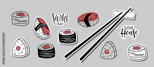 Sushi sticker set. Traditional Japan food isolated. Asian Sushi onigiri and rolls in sketch style. Vector illustration with colored spots for menu, recipe, cafe, restaurant. Sushi collection.