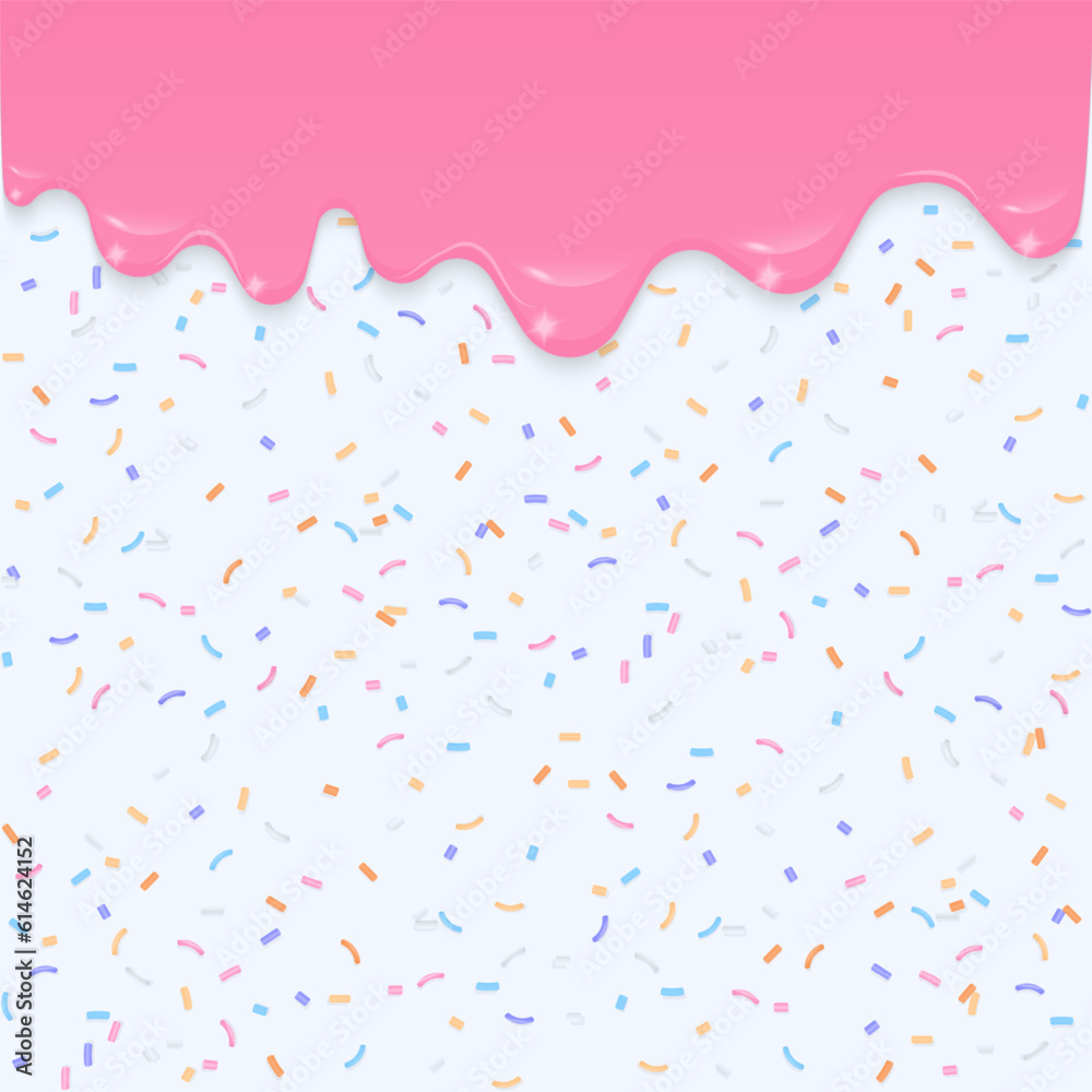 Pink dripping liquid with colorful sprinkles background