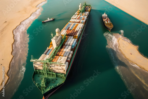 Container cargo ship accident crash sandy canal. Concept Global problem with marine traffic. Generation AI photo